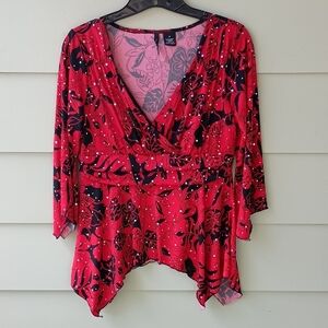 New Directions Womens Red & Black Floral Surplice Top Asymetrical Sparkles Sz M